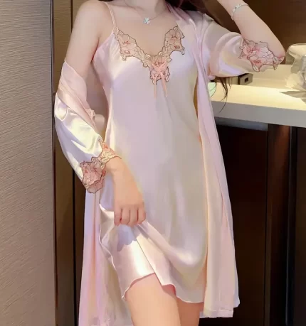 European and American cross-border fashion slimming with belt seven-quarter sleeve two-piece set nightgown and nightgown for women