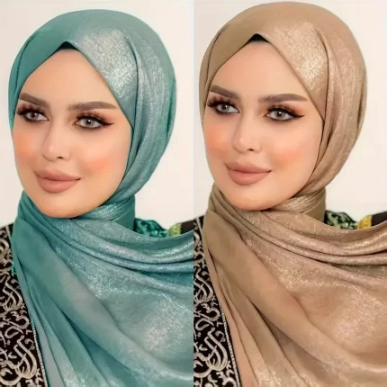2 Pack Silky Scarf, 100% Polyester Fiber, Religious Muslim Headscarf, Breathable, Fitted, Non-Elastic, Weaving Craftsmanship, Multiple Solid Colors Available