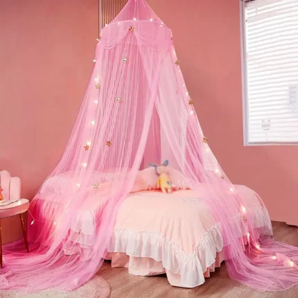 1pc 23.62X98.43X413.39inch Dreamy And Elegant Wedding Bed Mosquito Net+236.22inch Light String (Excluding Battery), Palace Style Dreamy Mosquito Net Set, Suitable for Bedrooms, Outdoor Camping, And Castle Tents with Domes (Pink/White), Party Packs