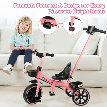 3-Year-Old Tricycle, Bike, Birthday Gift And Toy for Boys And Girls, Tricycle for Parents with Parent Push Bar, Tricycle with Backrest And Safety Harness, Pink, Day