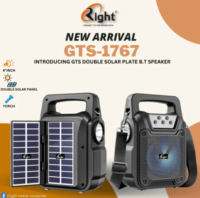 GTS 1767 Wireless Speaker, Bluetooth Speaker, Double Solar Panel Charging Speaker, Wire Charging Speaker, Speaker With Torch Light