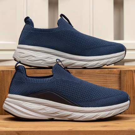 SOSENFER Men's Slip-On Sneakers - All-Season Comfortable Slip-Resistant MD Sole, Breathable Slip-On Shoes for Indoor/Outdoor,, Gym & Casual Wear - Navy Blue/White Low-Top Sneakers (No Lace Closure)