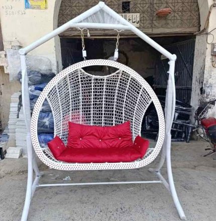 Jhoola with Stand, Cushion Set (Swing Chair Jhoola made of Iron and Rattan,With Iron Stand & Cushions)/ Mughal star steel Furniture