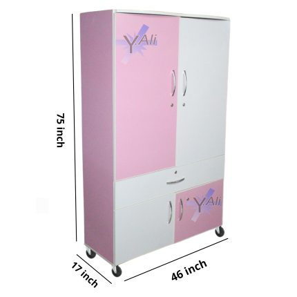 Pink & White D2 6x4 Feet Wooden Center Drawer Cupboard - Wardrobe Almari Safe Cabinet