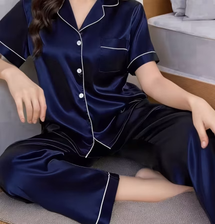 Satin Spring And Summer Loungewear for Women, Featuring Short Sleeves, Long Pants, a Easy Design, And a Collared Cardigan